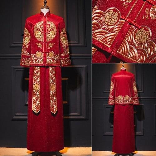 Chinese Traditional Groom Wedding Long Gown Robe Dragon Embroidery Costume Vintage Elegant Oriental Tang Suits Clothing