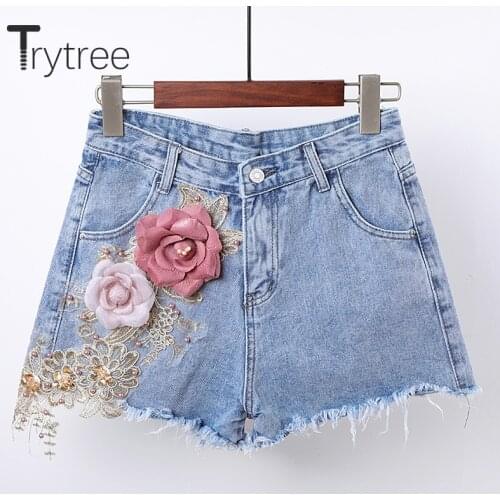 Trytree Summer Jeans Women Casual Appliques Floral Embroidery Pearls Denim Shorts Button Fly Zip Pockets Tassels Shorts Jeans