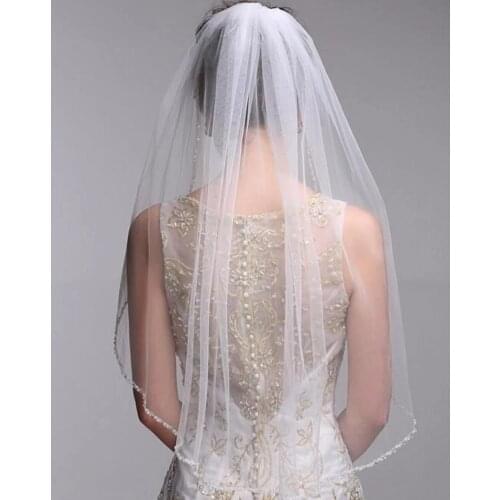 Woman Tulle Edge Beaded Wedding Veils With Comb Simple One Layer White Ivory Short Bridal Accessories