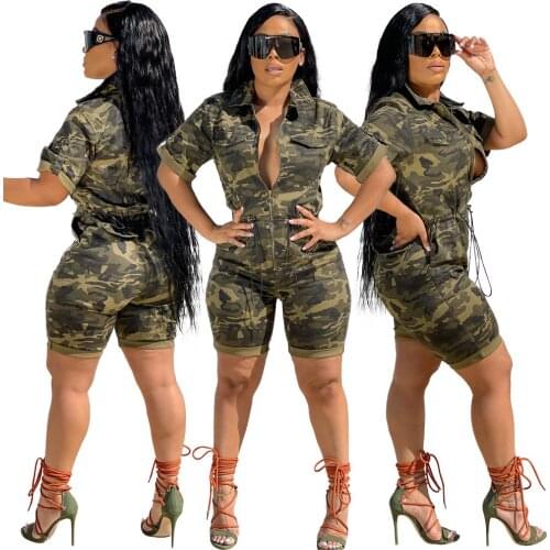 Plus Size Rompers Womens Summer Fashion Cardigan Zipper Pocket Collect Waist Camouflage Woven Jumpsuit Wholesale Dropshipping