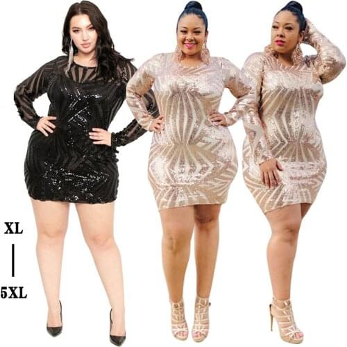 Woman Geometric Sequins Sexy See-Through Plus Size Midi Dress Female Long Sleeve 0-Neck Slim Bag Hip Dress Over Size Short Dress