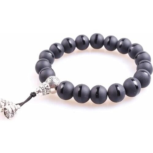 10mm Black Glass Bead Buddhism Charm Stretch Rope Bracelet For Men Mala Yoga Lotus Prayer Beads Bracelet
