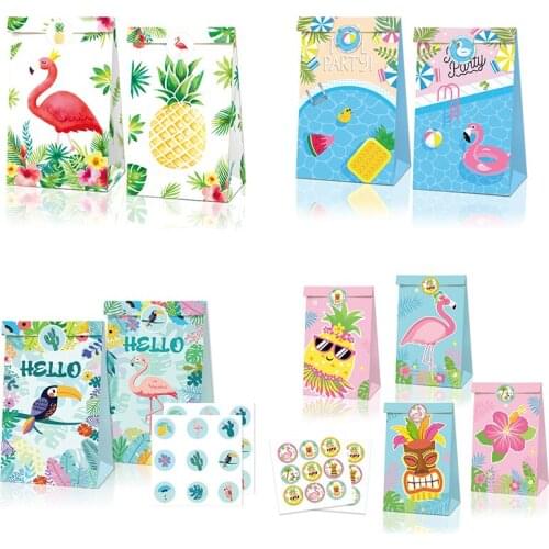 12pcs Hawaii Flamingo Party Candy Bags Pineapple Treat Bags with Stickers for Summer Hawaiian Birthday Luau Tropical Party Decor