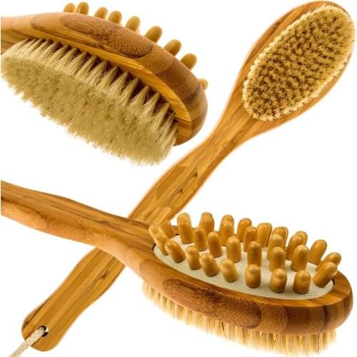 2 in 1 Body Brush Sided Natural Bristles Body Brush Scrubber Long Handle Wooden Spa Shower Brush Bath Massage Brushes