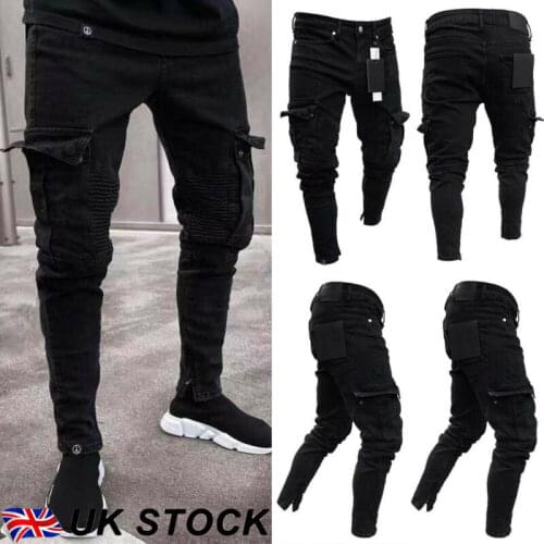 2020 New Fashion Mens Biker Ripped Long Denim Trousers Skinny Jeans Pants Destroyed Stretchy