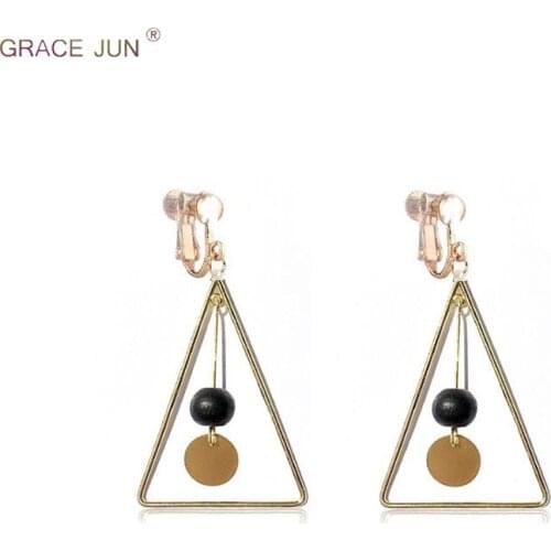 GRACE JUN Copper Material Black Bead Big Triangle Shape Clip on Earrings No Pierced for Women Charm Cushion Earrings Good Gift