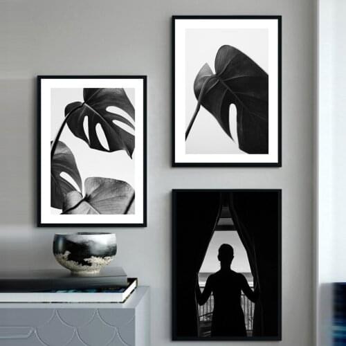 Black White Leaves Wall Art Tropical Leaf Canvas Poster Print Palm Leaf Painting Window Girl Pictures for Living Room Home Decor
