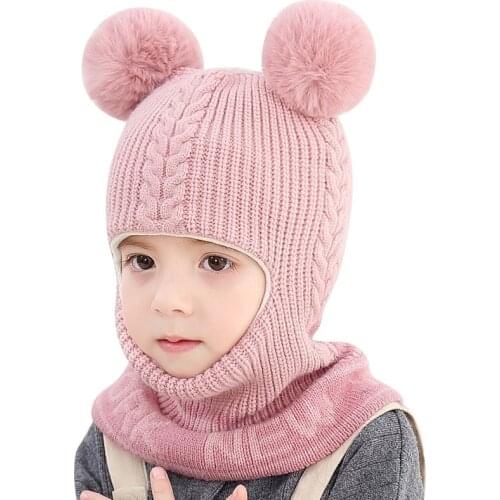 Baby Hat New Winter Warm Pompom Hats Windproof Plus Velvet Childrens Knit One-pieces Earmuff Hat Double Ball Ears Hats for Kids