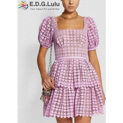 EDGLuLu Runway Designer Women Luxury Dresses 2020 Square Neck Puff Sleeve Vintage Chic Elegant Blue White Pink Lace Dress 0424