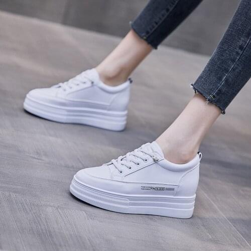 Women Pu Leather Lace Up Increased Heel Flat Casual Sneaker Off White Shoes Student Zapatillas Mujer