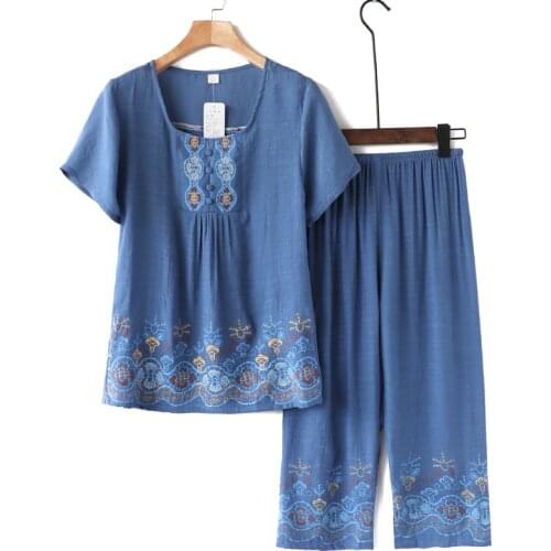 Summer Cotton And Linen Women Top Short-Sleeved Printed Colorful Mother Pants Sets Brief Loose Sleepwear Big Size XL-4XL Green