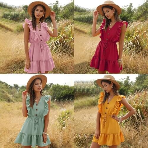 Summer Womens Dress V Neck Butterfly Sleeve Ruffles Sweet A-Line Dresses Solid Elastic Waist Mini Robe Femme Buttons Vestidos