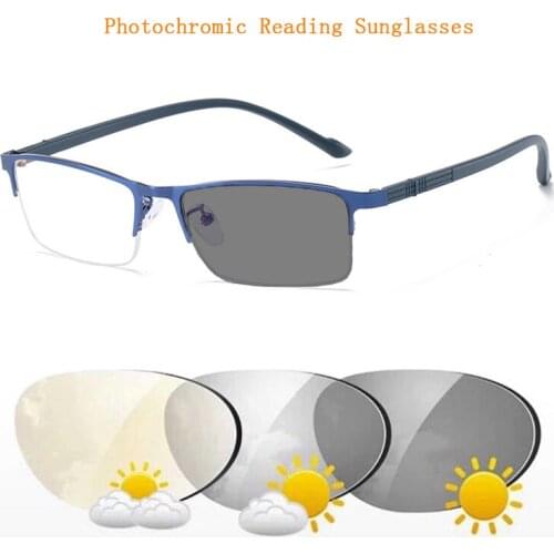 Men Photochromic Reading Glasses Magnifier Male Semi Rim Metal Frame Presbyopia Sunglasses Driving Travel Spectacles 0,+1.0~+4.0