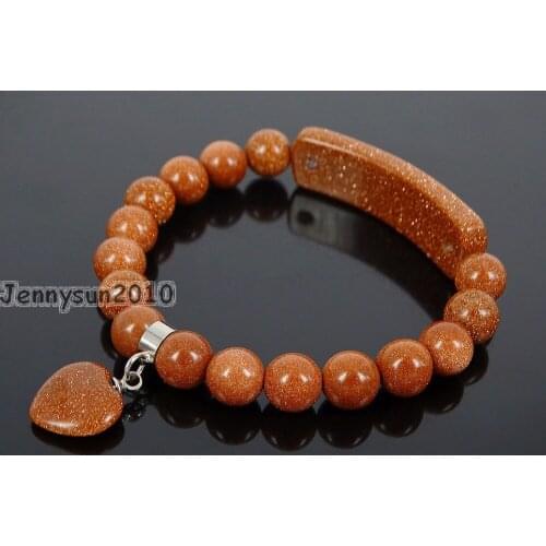 Natural Gold Sand Gems Stone Heart Bar Round Beads Stretchy Bracelet Healing Reiki Chakra 5Strands / Pack