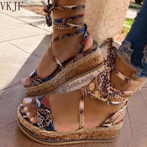 New Summer Women Snake Sandals Platform Heels Cross Strap Ankle Lace Peep Toe Beach Party Ladies Shoes Zapatos Sandals