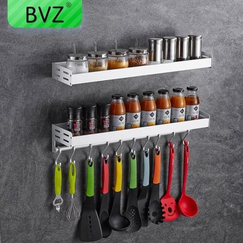 BVZ Practical Kitchen Storage Rack Organizer Shelf Holder Punch free bathroom shelf with hooks 30/40/50cm Kitchen Accessories