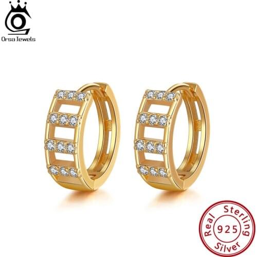 ORSA JEWELS 925 Sterling Silver Trendy CZ Hoop Earrings for Women Geometric 14K Gold Plated Earring Jewelry 2021 Trend APE14