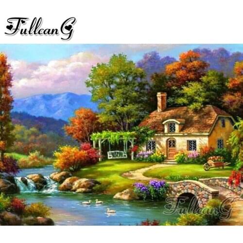 FULLCANG Garden cottage scenery diy 5d mosaic diamond painting full square round drill rhinestone embroidery sale decor FC3191