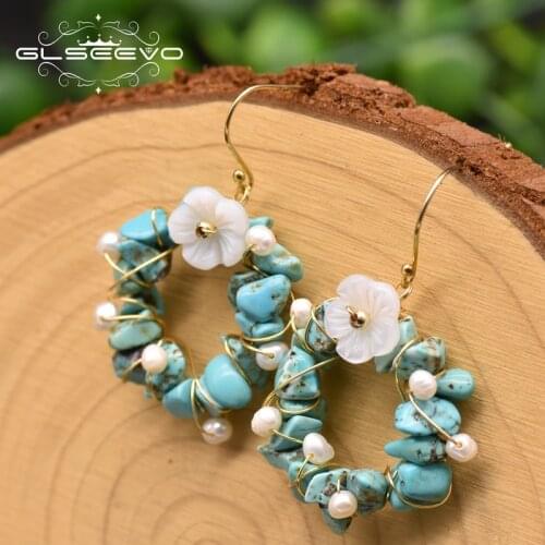 GLSEEVO Handmade Statement Round Crystal Drop Earrings Natural Turquoise Flower For Women Engagement Gift Luxury Jewelry GE0962C