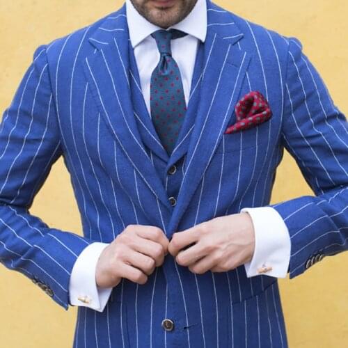 Blue Men Suits Vertical Stripe Smart Casual Suits For Business Wedding Homecoming Terno Slim Fit Tailor Made Suit 3 Piece
