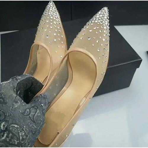 Strass Mesh Glitter Pumps Women Shoes Embellished Crystals Perspective Thin High Heels 12cm 10cm Lace Wedding Party Shoes Woman