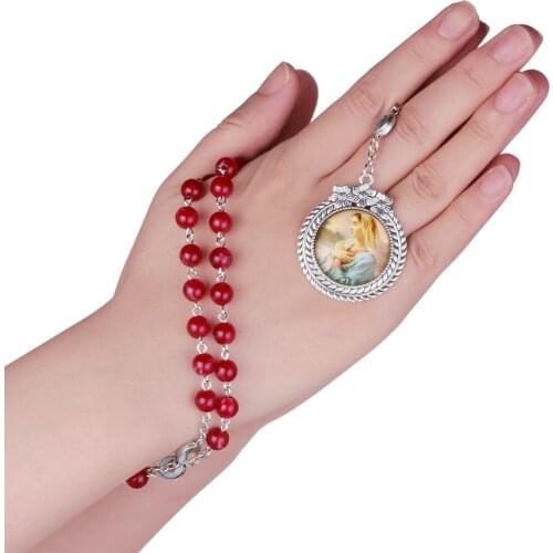 Vintage Red Acrylic Rosary Bead Necklace Devotional Our Lady Virgin Mary Pendant Necklace Religious Catholic Prayer Jewelry Gift