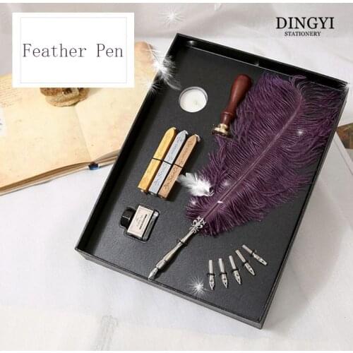 Retro Quill Natural Turkey Feather Dip Pen Caligraphy Fountain Pens Set With Ink Bottle 5 Nib Wax Seal Stamp Stationery Gift Box
