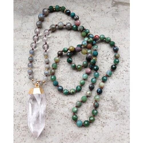 YA2379 Handmade Stone Knot Necklace Clear Quartz Point Pendant Tiger Eye Labradorite Knot Beads Necklaces 30-32inch long