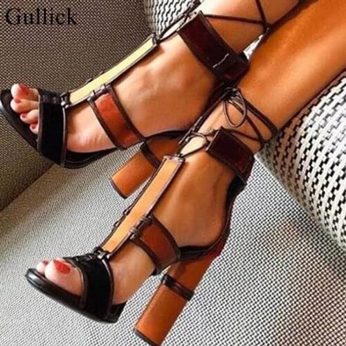 Ethnic Retro Lady Jeans Sandals Patchwork Chunky Heels High Heels Sandals Open Toe Ankle Wrap Tie Up Woman Sandals Pumps Shoes