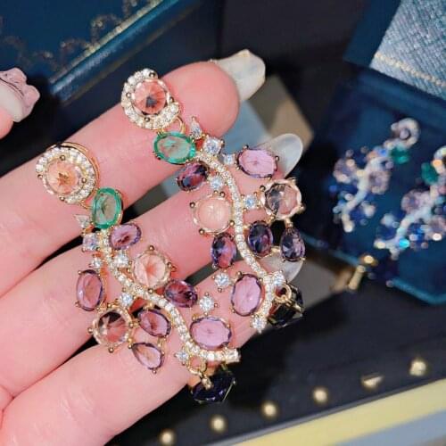 925 Sterling Silver Gold Color Drop Stud Woman Pear Purple Crystal Pendant Zircon Earrings Fine Jewelry For Valentines Day Gift