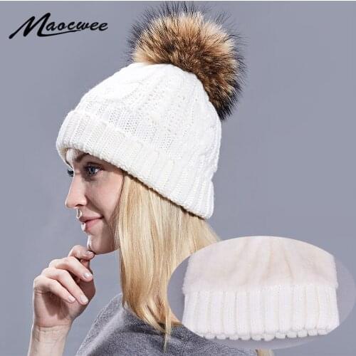 Winter Women Pom Pom Hats Lining Heater Beanies Add velvet Fleece Inside Warm Solid Black White Cap Nature Fur Pompom Hats Caps