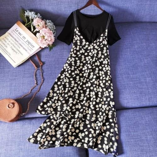Women 2021 Summer Two Piece Sets Female Casual Basic T Shirt + Floral Chiffon Straps Dress Clothes Set Ladies Elegant Suit Y42
