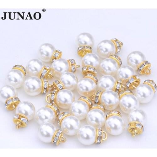 JUNAO 20pcs 8 10 12mm White Sewn Pearl Beads Charm Pendant Beads Round Plastic Sewing Beads for Clothes Jewelry Decorative