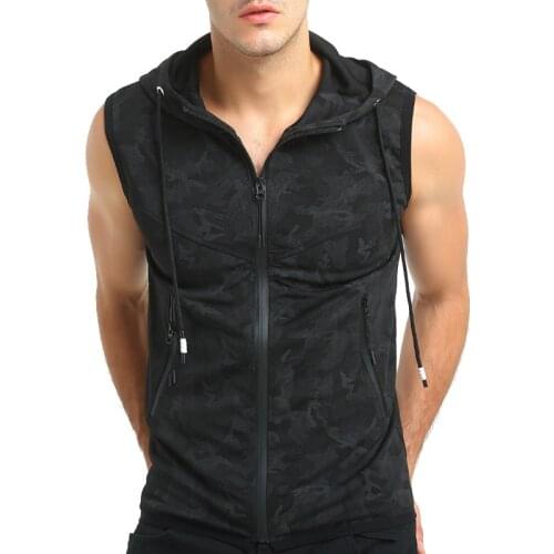 Amazon Hot Sale Plus Size Men Sport Fitness Pocket Vest Hoodie Sleeveless Hoodie With Zipper