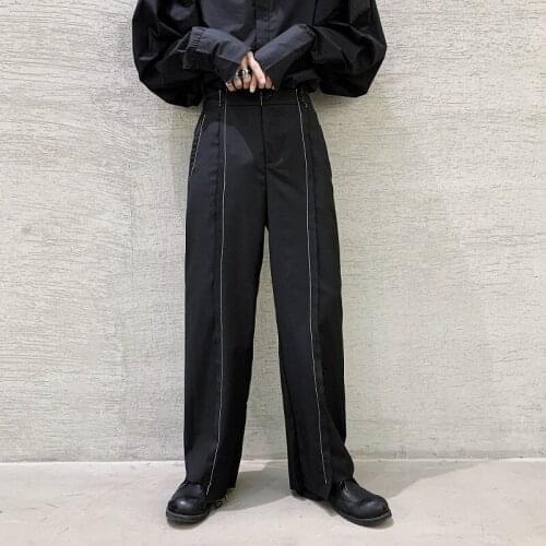 2021 New Vintage Old Fringe White Line Wide Leg Casual Pant Male Japan Harajuku Style Street Fashion Show Trousers Suit Pant