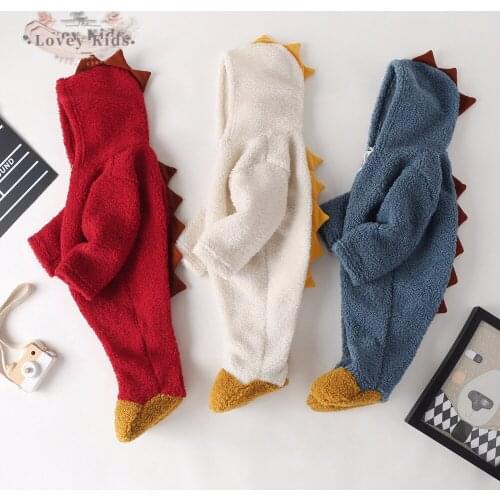 2020 Autumn Winter Warm Toddler Baby Girl Boy Playsuit Jumpsuit Zipper Long Sleeve Cotton Dinosaur Hooded Cute