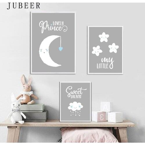 JUBBER Stars and Sleeping Moon Nursery Poster and Prints Wall Art Canvas Painting Decorative Picture Baby Boy Posters Decoration