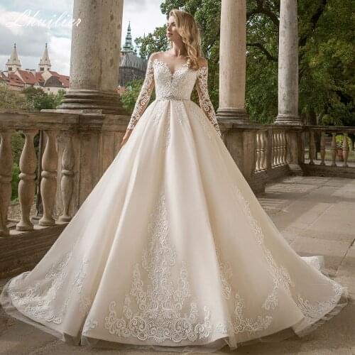 Lhuilier Elegant Womens A-line Lace Appliques Wedding Dresses Long Sleeves Floor Length Beaded Chapel Train Tulle Bridal Gowns