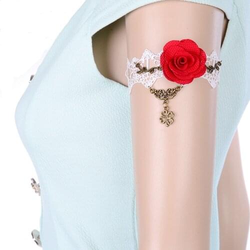 Gothic Red Rose Flower Charm Bracelet White Wedding Lace Arm Bracelet Fashion Costume Alloy Metal Accessories