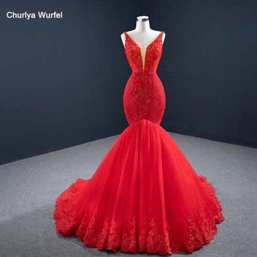 J67151 Red Colour Mermaid Deep Sexy V-Neck Evening Dress 2020 Appliques Sequined Tank With Sleeveless abendkleider dubai