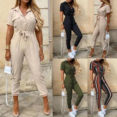 Jumpsuit Rompers Womens Overalls Women Jumpsuits Office Lady Short Sleeve V Neck Stripes Print Button Belt One-Piece Jumpsuit