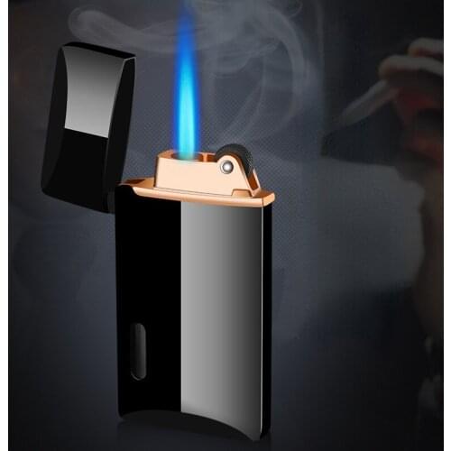 Blue flame straight into the windproof lighter personality inflatable grinding wheel window metal lighter smoking accessories
