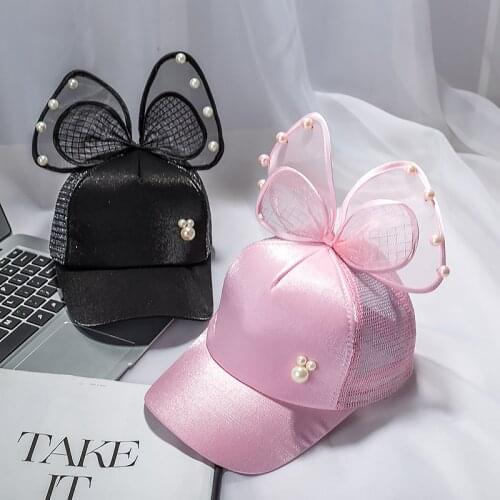 Loveable Bowknot Children Baseabll Caps Rhinestone Beads Snpabck Hats Kid Trucker Hat Boy Girls Dance Hip Hop Mesh Casquette