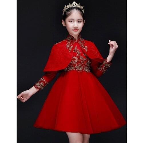 Fashion Handmade Flowers Flower Girl Dresses Red Long Sleeve With Shawl kids pageant gowns Long Flower Girl Dresses For Wedding
