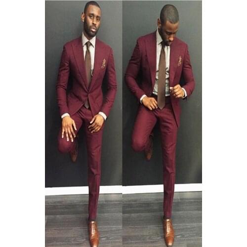 Men Suit 2020 Custom Made Burgundy Casual Mens Suits Slim Fit Groom Groomsman Blazer Suits for Men 2 piece Jacket with Pants Set