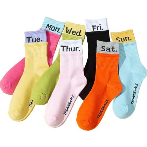 New womens color matching letters pure cotton fashion solid casual week socks 7 Pair
