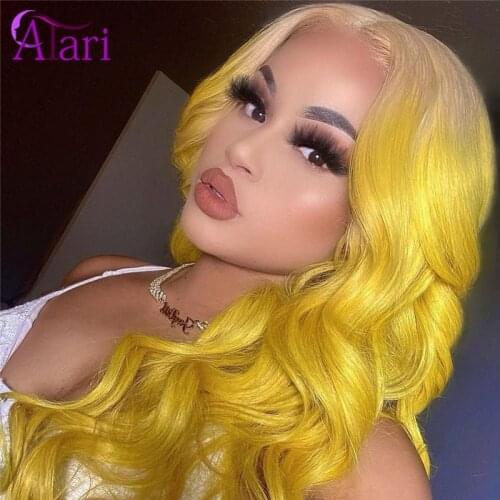 Atari Ombre Pink/Yellow/Blue Colored Body Wave Wig Brazilian Virgin Human Hair Wig Pre Plucked Transparent Lace Wig for Women