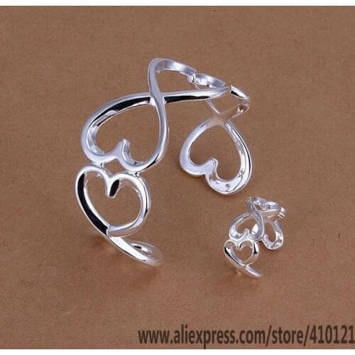 S238 Lucky Charm Silver Color Jewelry Sets For Women Jewelry Lady Accessories Fashion Heart To Heart Ring Bangle /devalwca