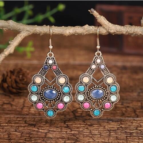 Vintage Geometirc OL Womens Earrings French Style Color Crystal Stone Beaded Dangle Hanging Earring Fashion Jewelry Pendientes