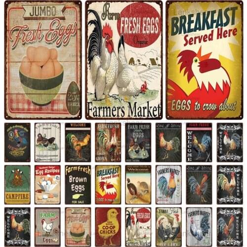 Vintage Animal Fresh Egg Metal Tin Sign Farm Shop French Cafe Milk Home Farm Decor Retro Poster Tin Plate Chicken Plaque 3Cda-25